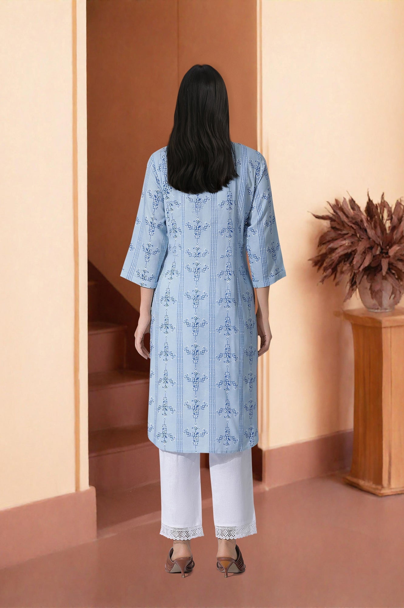 W for Woman Blue Geometric Print Shirt Kurta And Straight Pants Set | Grocsy