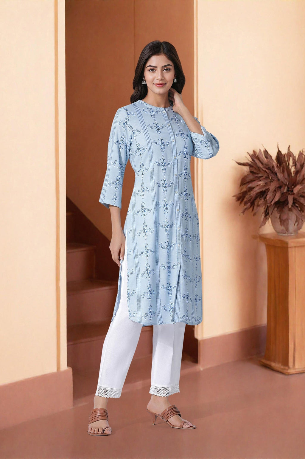 W for Woman Blue Geometric Print Shirt Kurta And Straight Pants Set | Grocsy