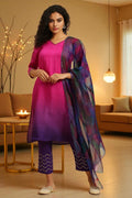 W for Woman Magenta Pink Ombre A-Line Kurta, Pants And Dupatta Set | Grocsy