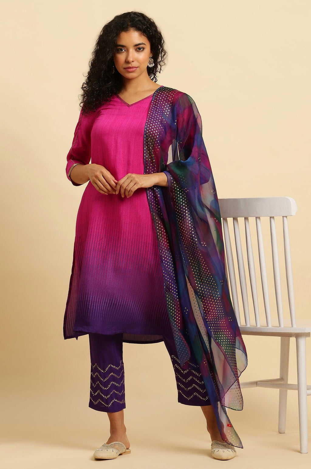 W for Woman Magenta Pink Ombre A-Line Kurta, Pants And Dupatta Set | Grocsy