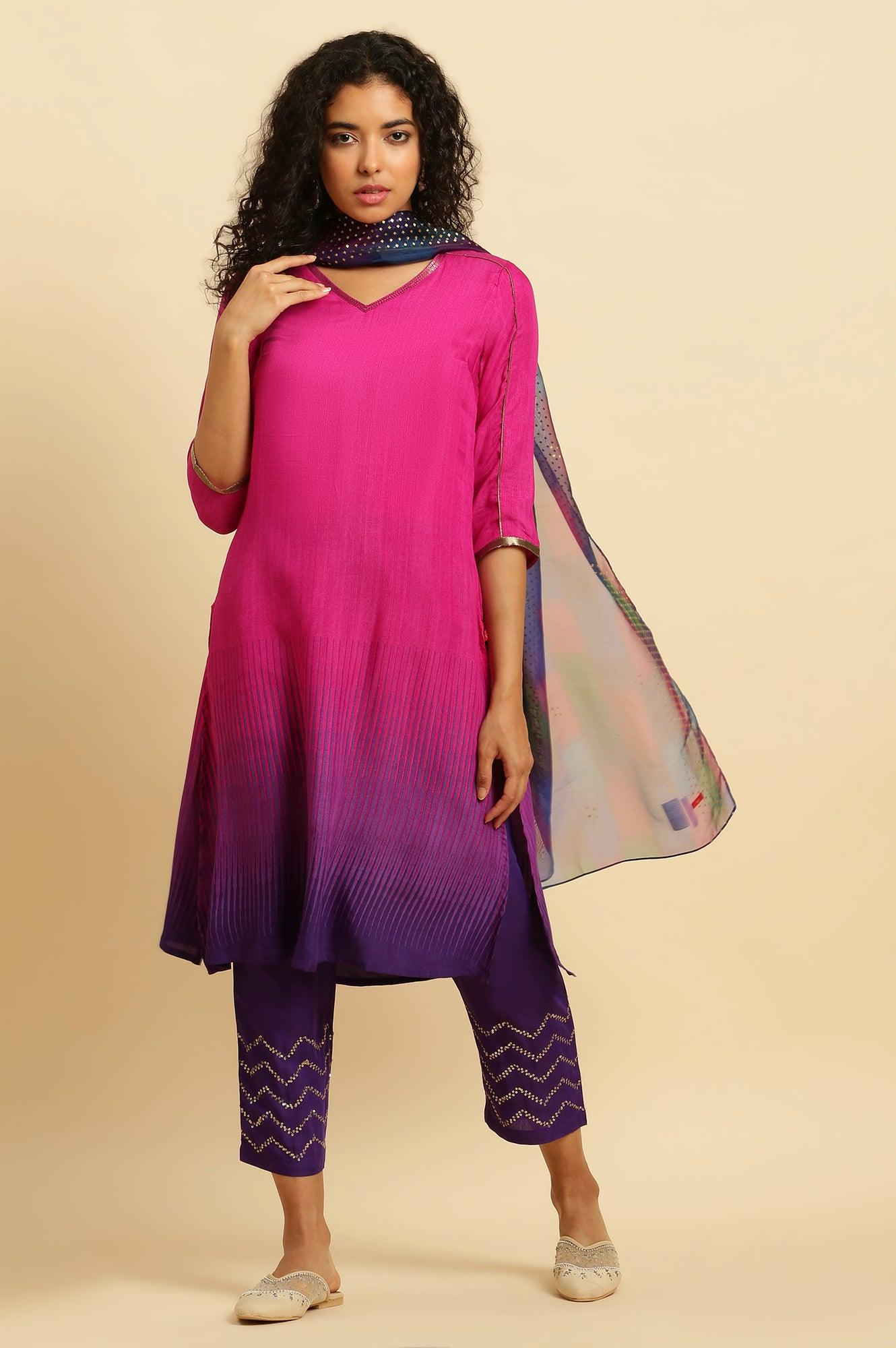 W for Woman Magenta Pink Ombre A-Line Kurta, Pants And Dupatta Set | Grocsy