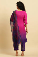 W for Woman Magenta Pink Ombre A-Line Kurta, Pants And Dupatta Set | Grocsy