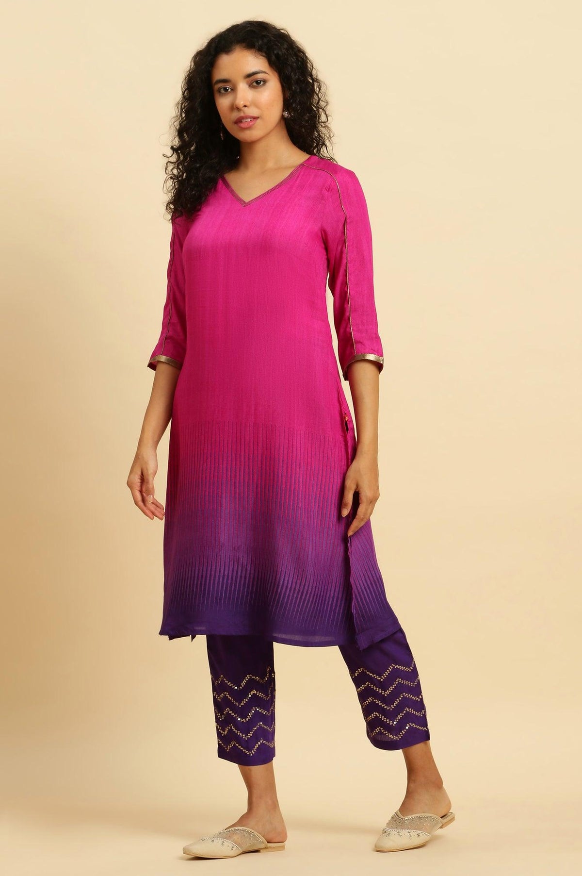 W for Woman Magenta Pink Ombre A-Line Kurta, Pants And Dupatta Set | Grocsy