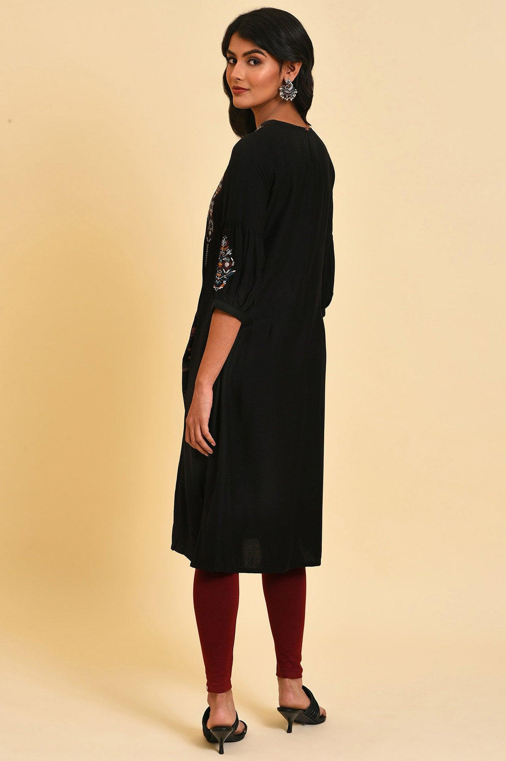 W for Woman Black Godget Plus Size Tunic with Multi-coloured Embroidery | Grocsy