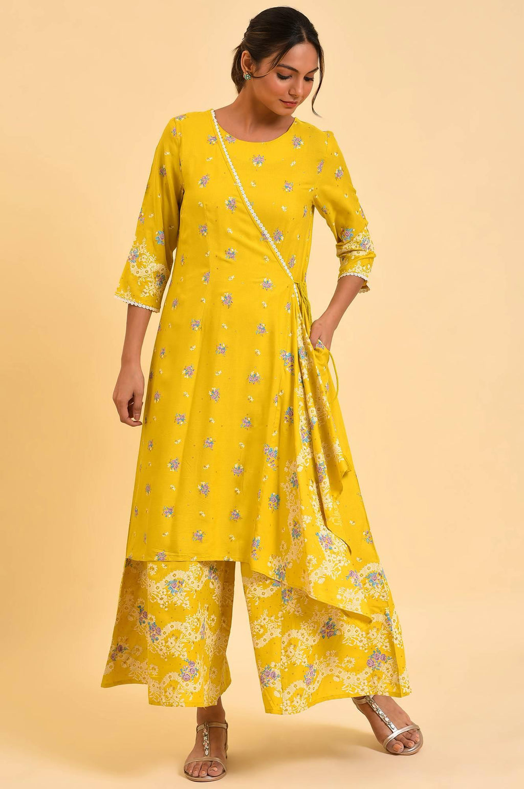 W for Woman Yellow Glitter Printed Angrakha Jumpsuit | Grocsy
