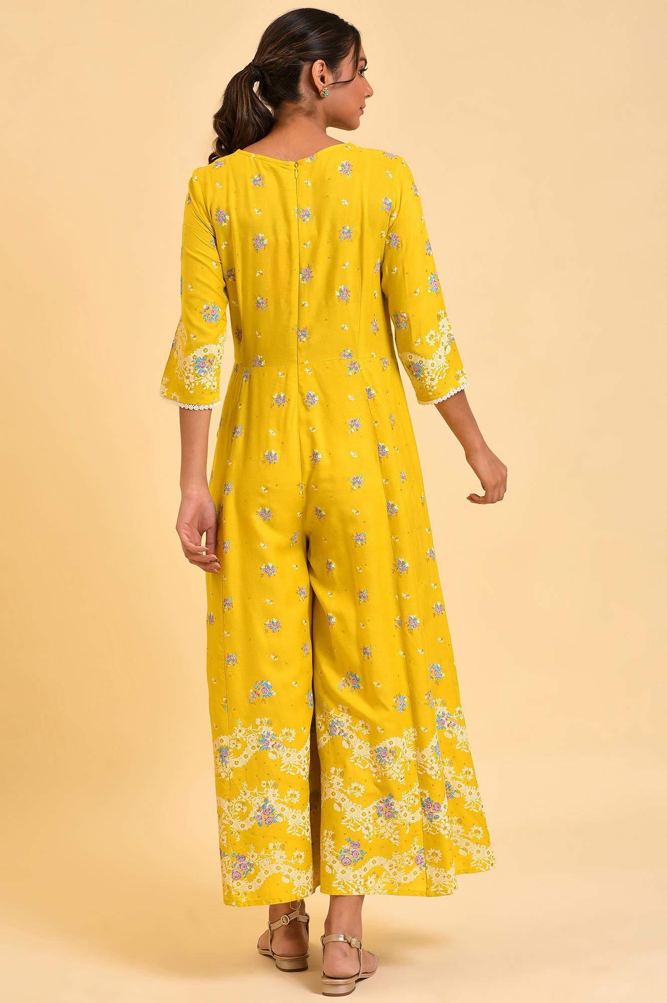 W for Woman Yellow Glitter Printed Angrakha Jumpsuit | Grocsy