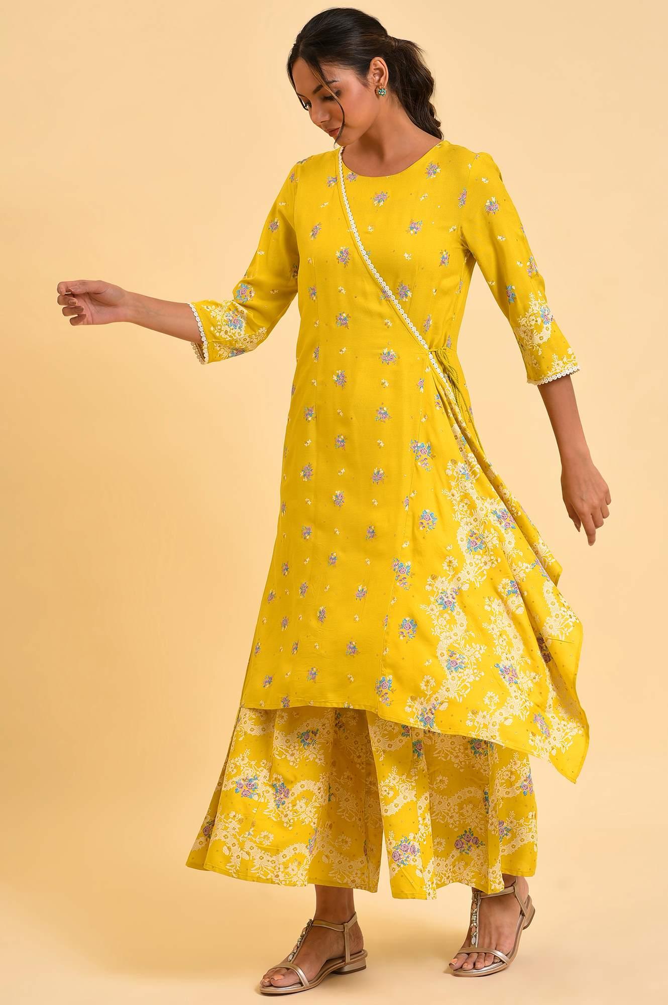 W for Woman Yellow Glitter Printed Angrakha Jumpsuit | Grocsy