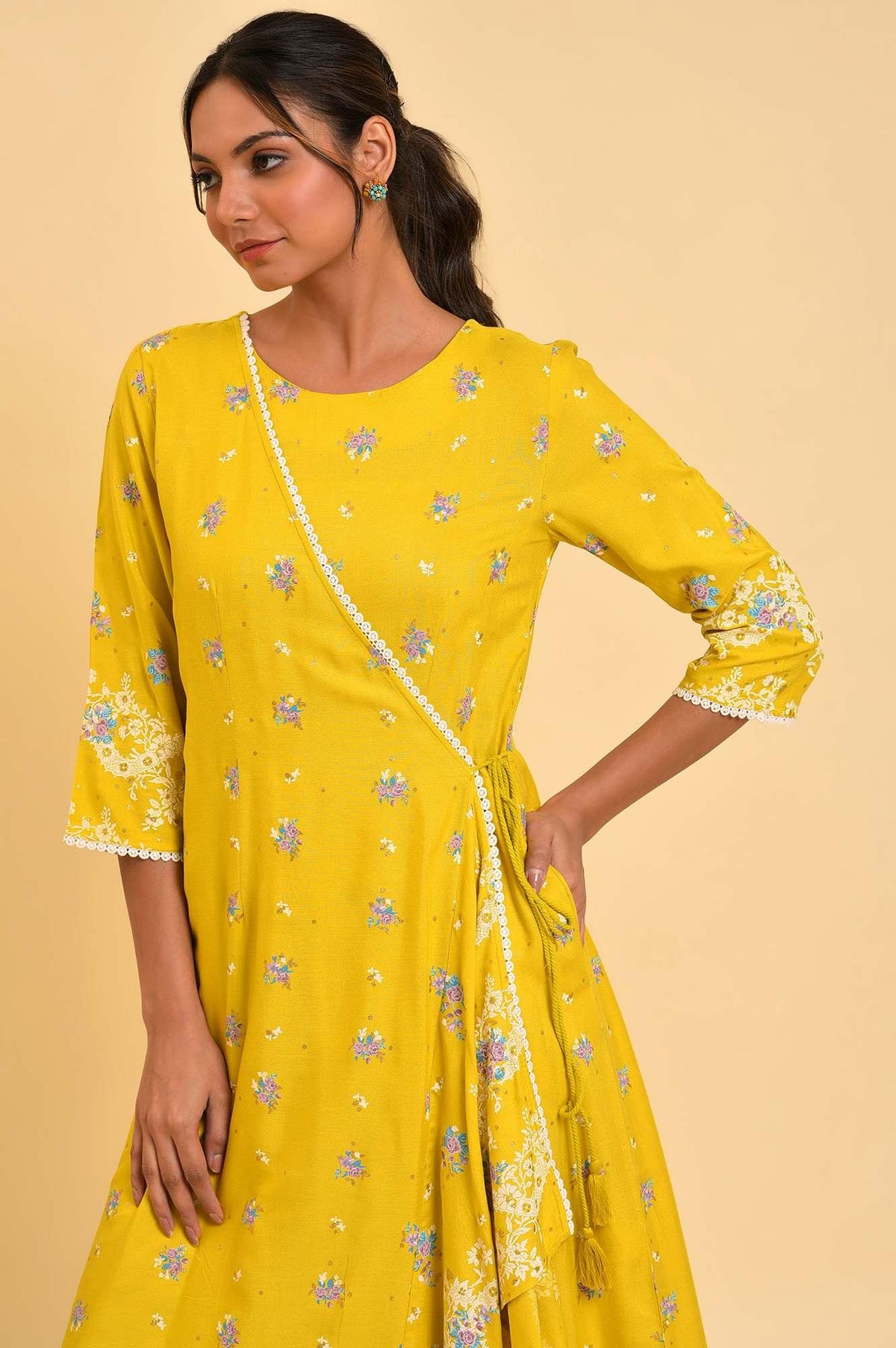 W for Woman Yellow Glitter Printed Angrakha Jumpsuit | Grocsy
