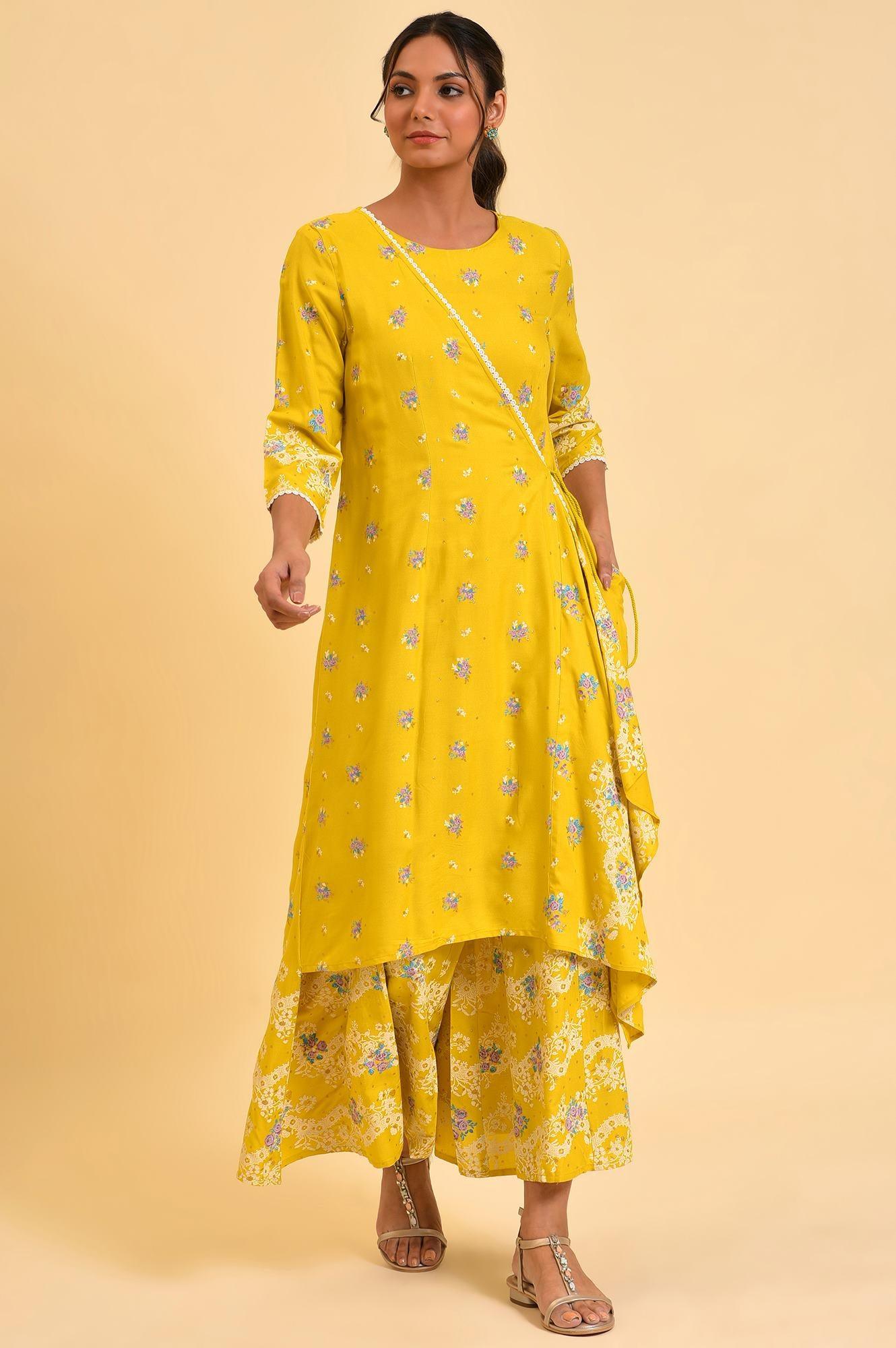 W for Woman Yellow Glitter Printed Angrakha Jumpsuit | Grocsy