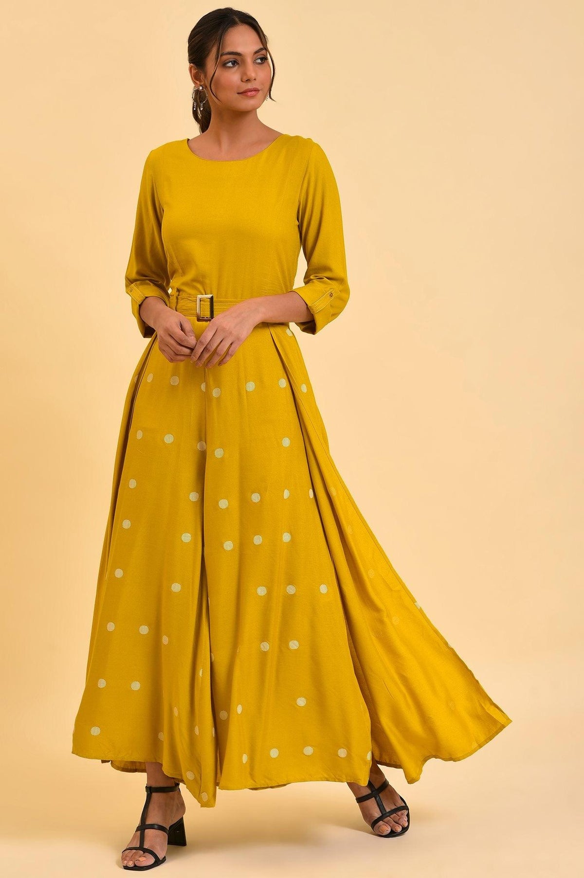 W for Woman Yellow Polka Dot Jumpsuit with Belt | Grocsy