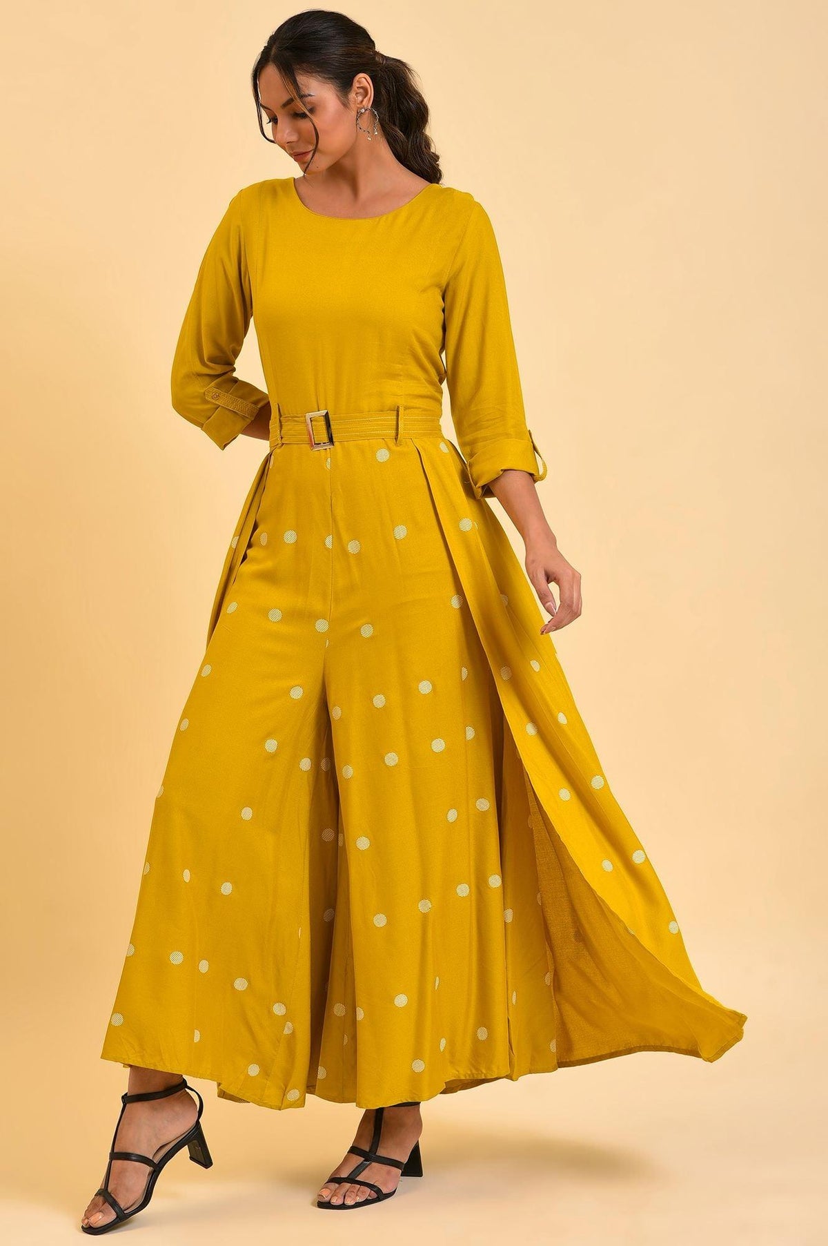 W for Woman Yellow Polka Dot Jumpsuit with Belt | Grocsy
