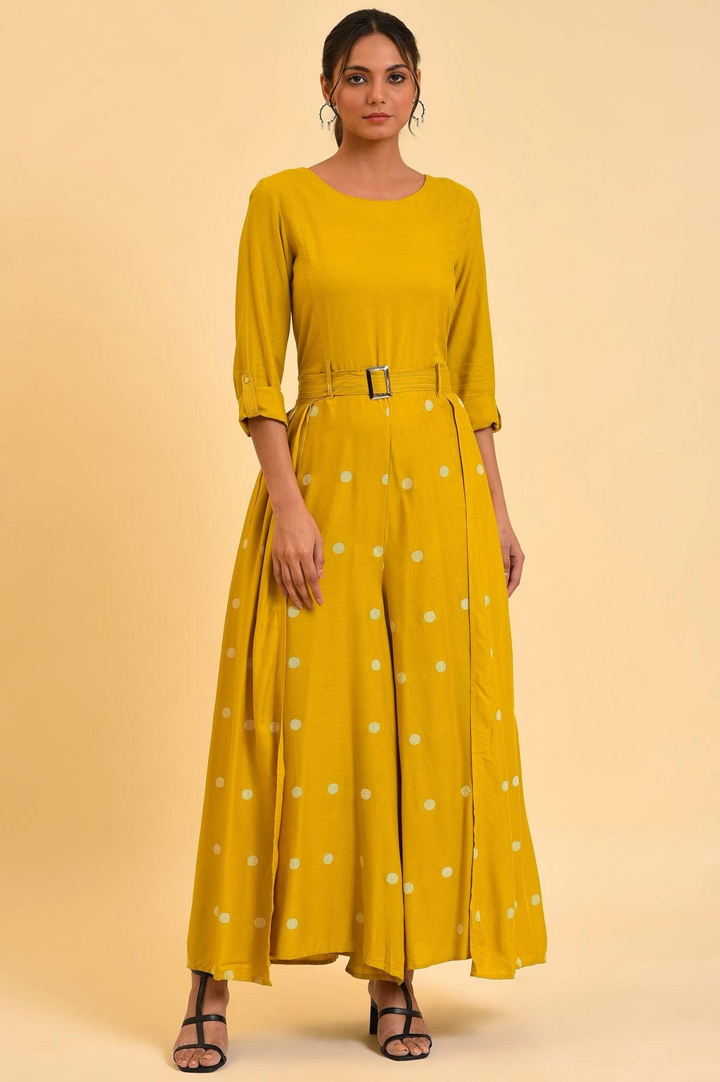 W for Woman Yellow Polka Dot Jumpsuit with Belt | Grocsy