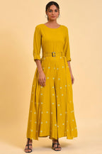 W for Woman Yellow Polka Dot Jumpsuit with Belt | Grocsy