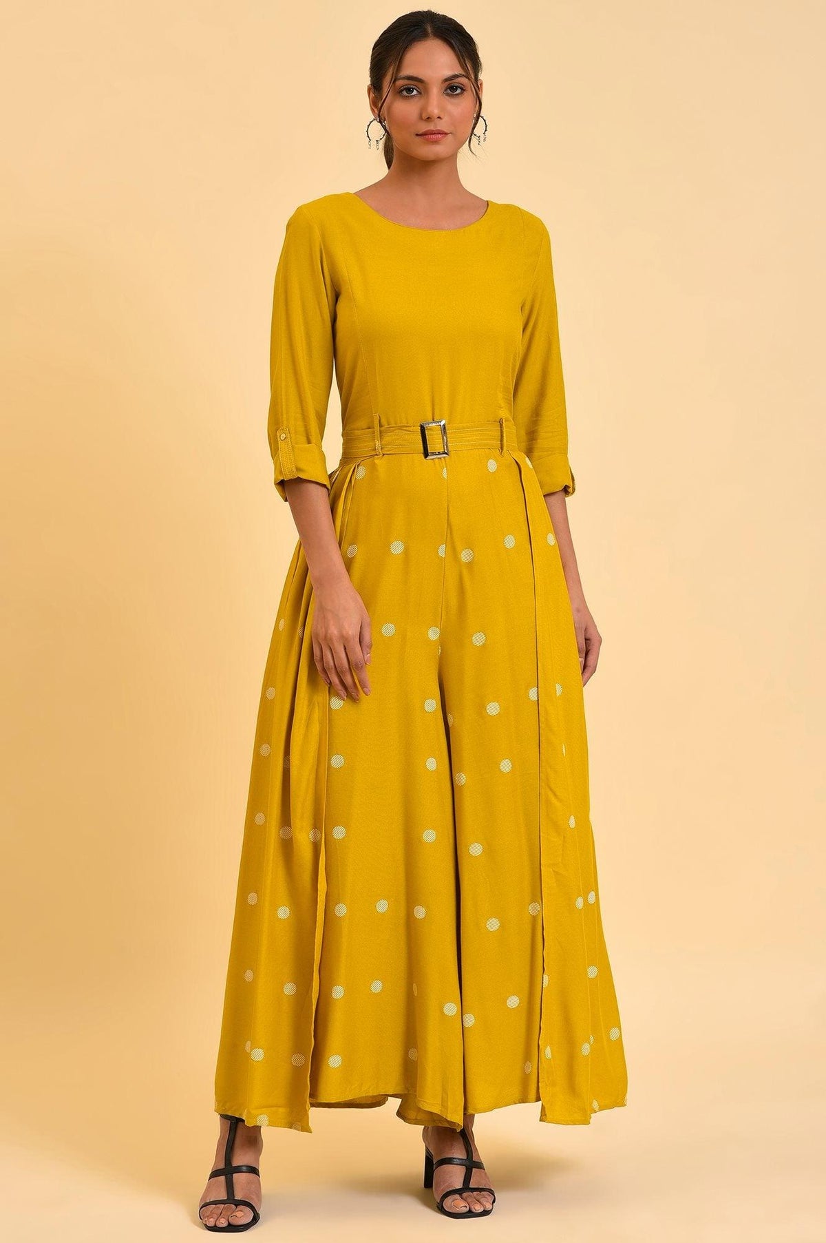 W for Woman Yellow Polka Dot Jumpsuit with Belt | Grocsy