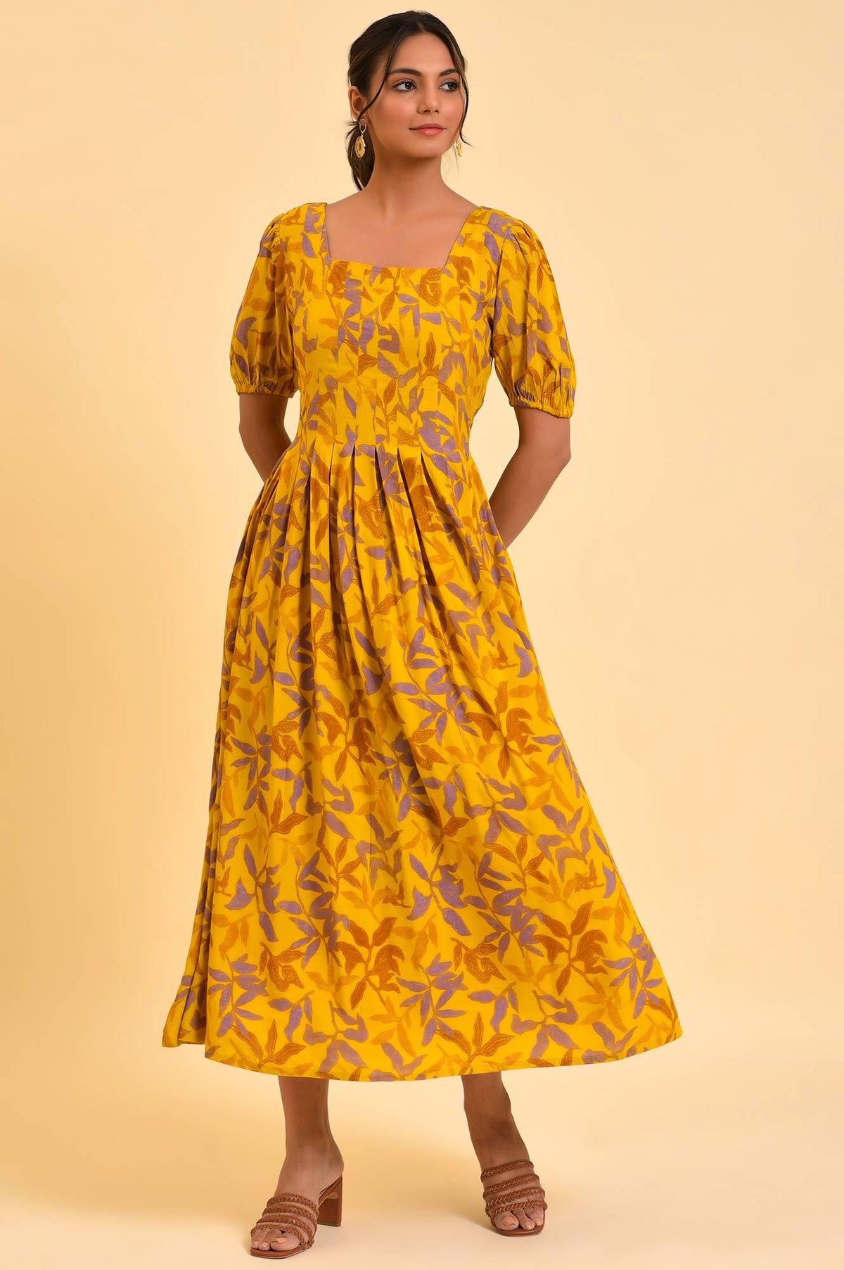 W for Woman Yellow Pleated Long Summer Maxi Dress | Grocsy