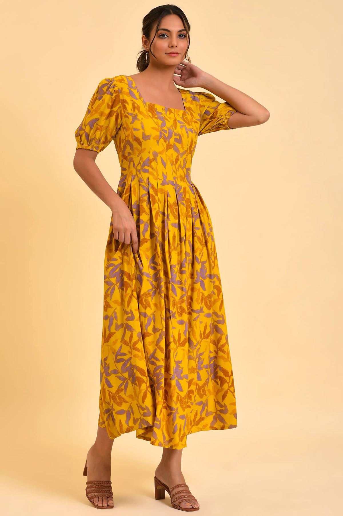 W for Woman Yellow Pleated Long Summer Maxi Dress | Grocsy