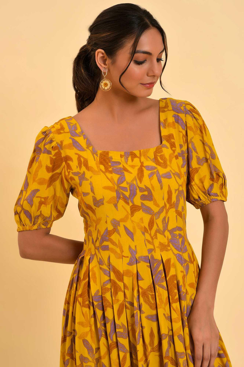 W for Woman Yellow Pleated Long Summer Maxi Dress | Grocsy