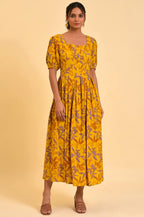 W for Woman Yellow Pleated Long Summer Maxi Dress | Grocsy