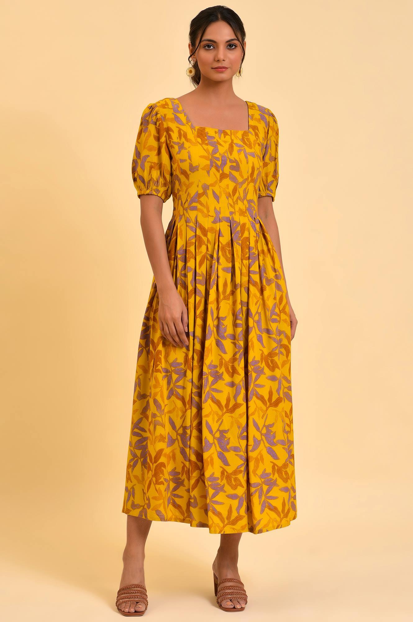 W for Woman Yellow Pleated Long Summer Maxi Dress | Grocsy