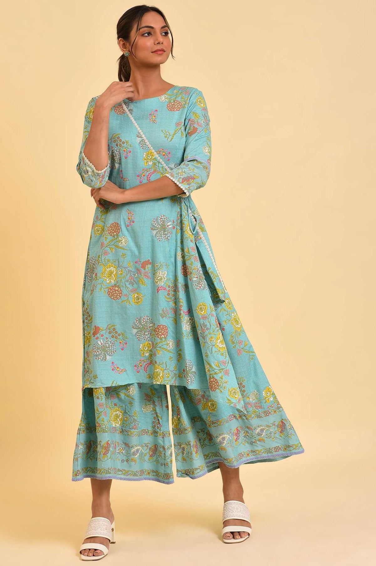 W for Woman Light Blue Printed Angrakha Jumpsuit | Grocsy