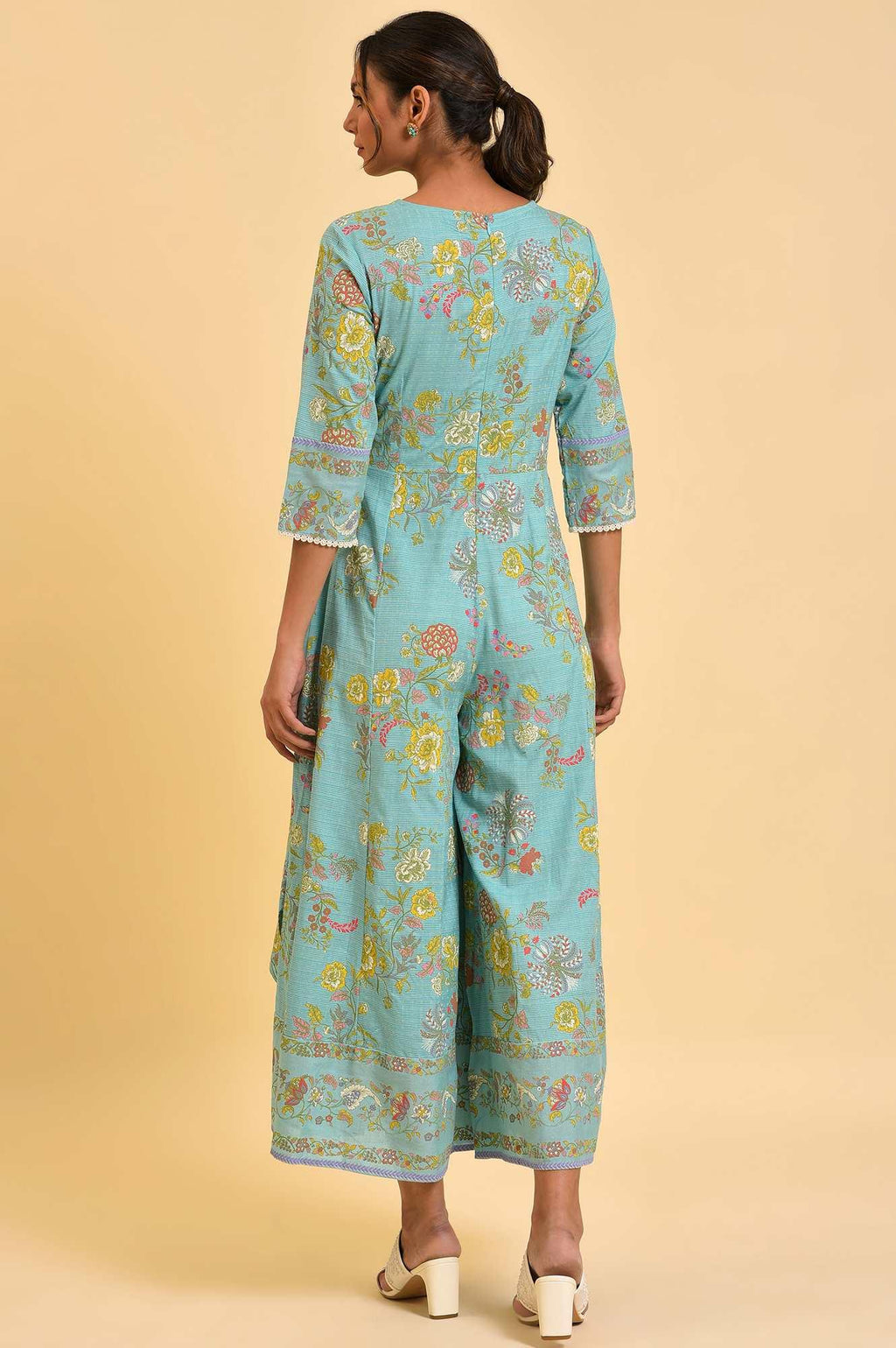 W for Woman Light Blue Printed Angrakha Jumpsuit | Grocsy