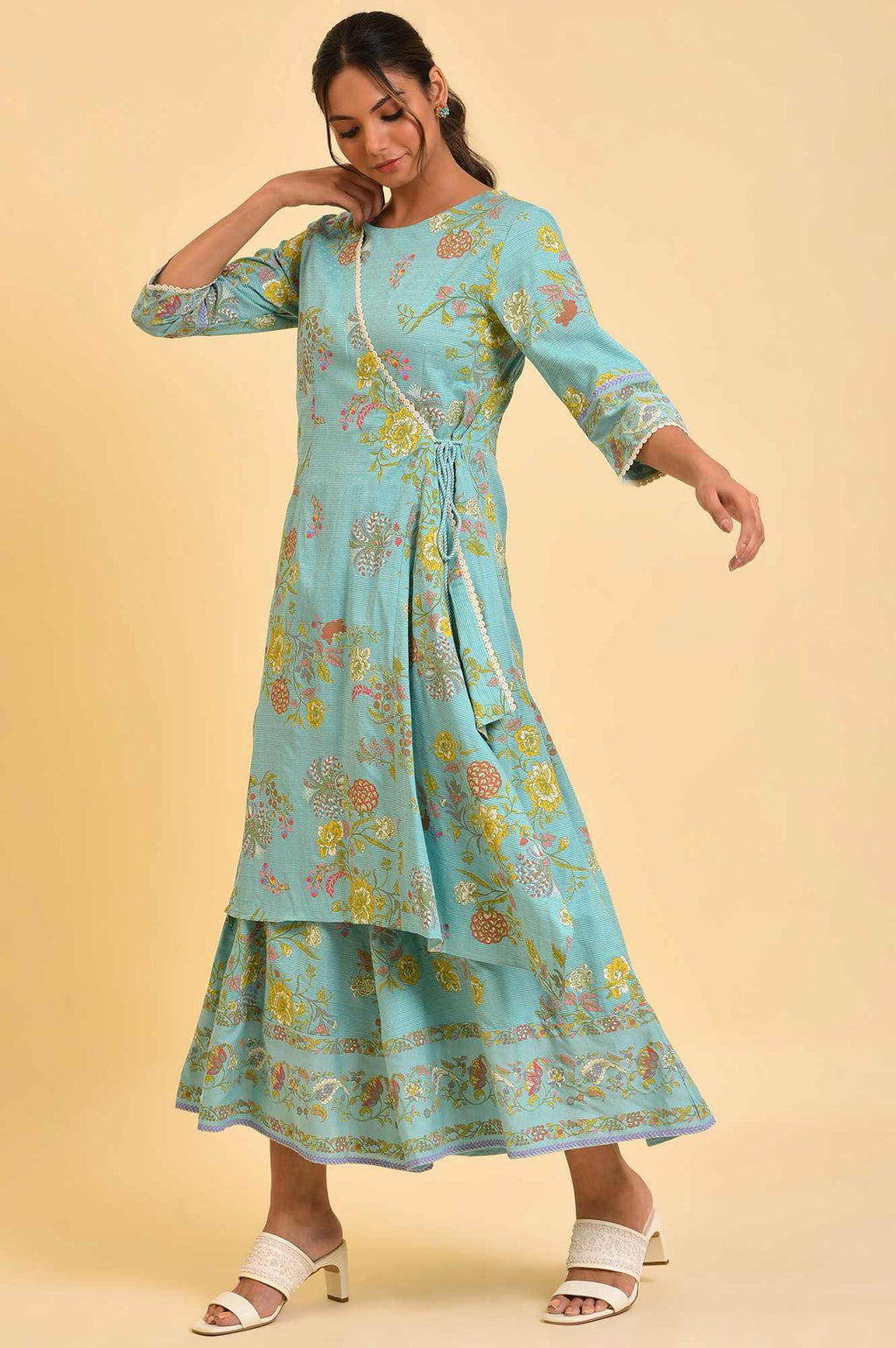 W for Woman Light Blue Printed Angrakha Jumpsuit | Grocsy