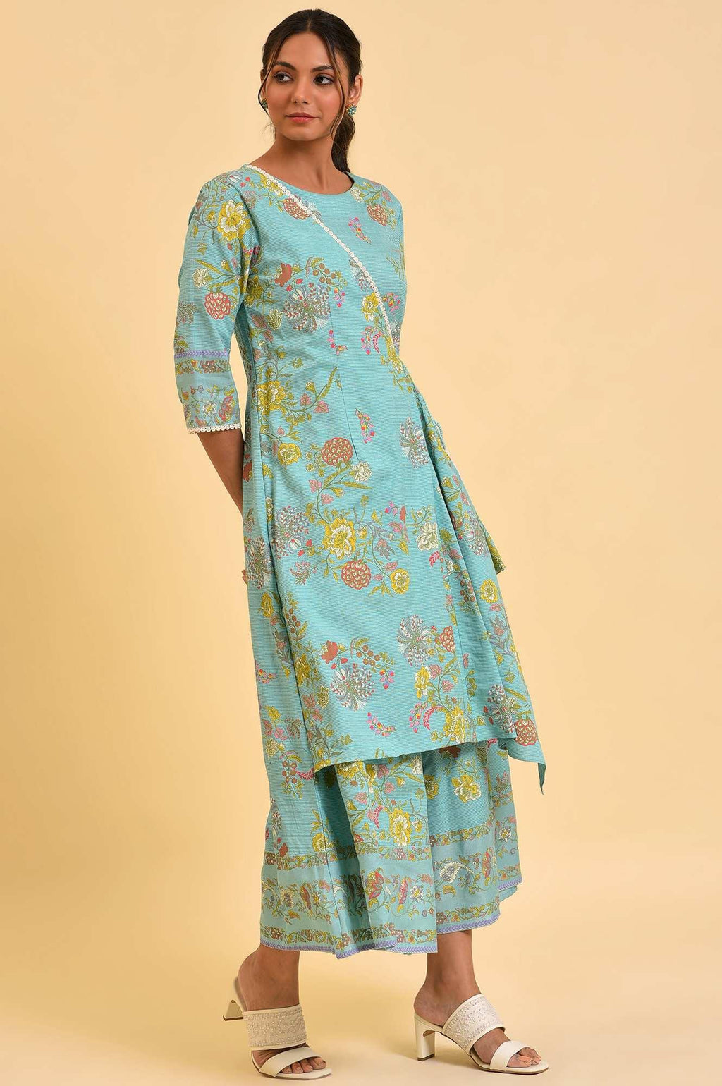 W for Woman Light Blue Printed Angrakha Jumpsuit | Grocsy