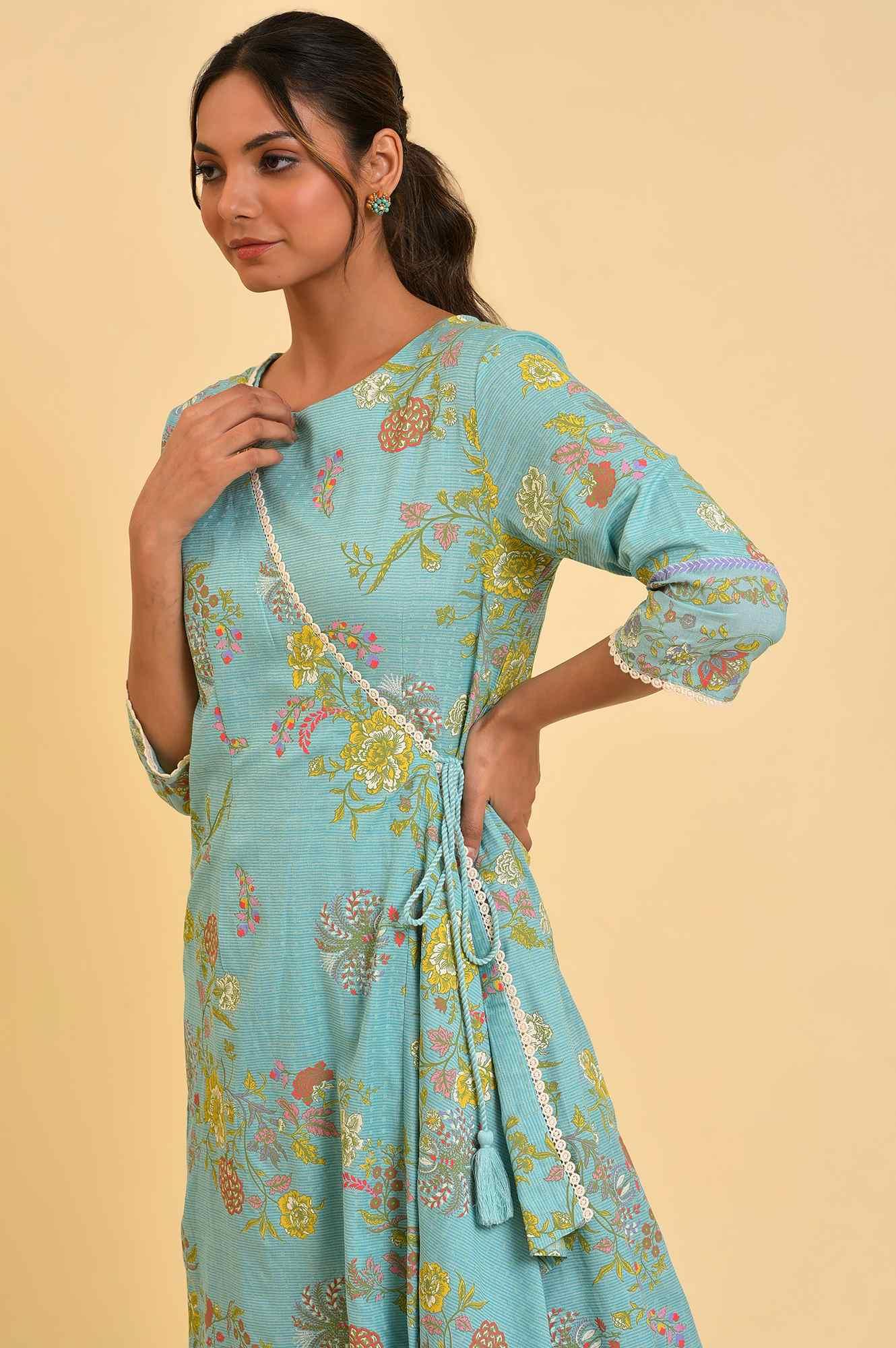 W for Woman Light Blue Printed Angrakha Jumpsuit | Grocsy