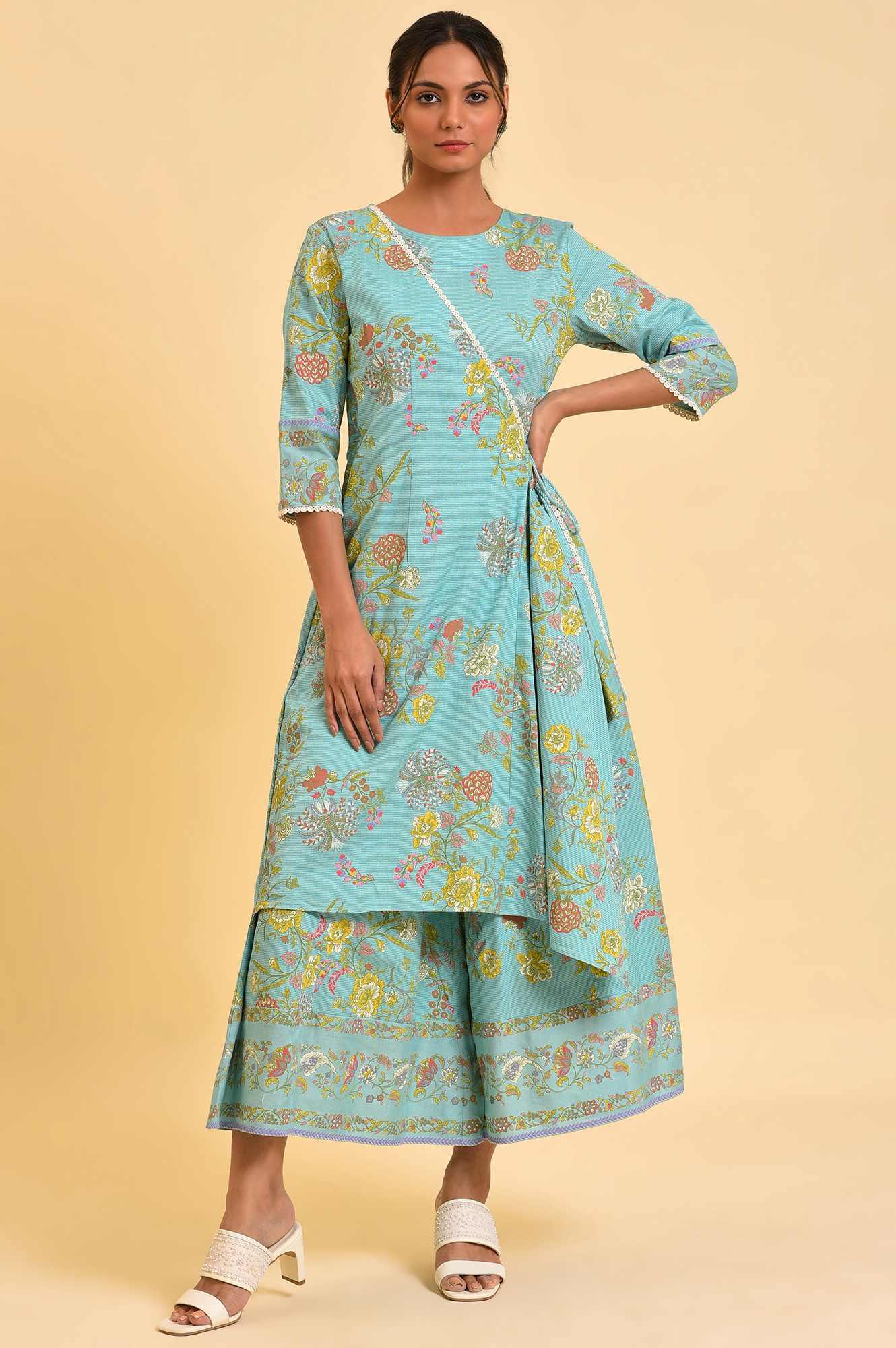 W for Woman Light Blue Printed Angrakha Jumpsuit | Grocsy
