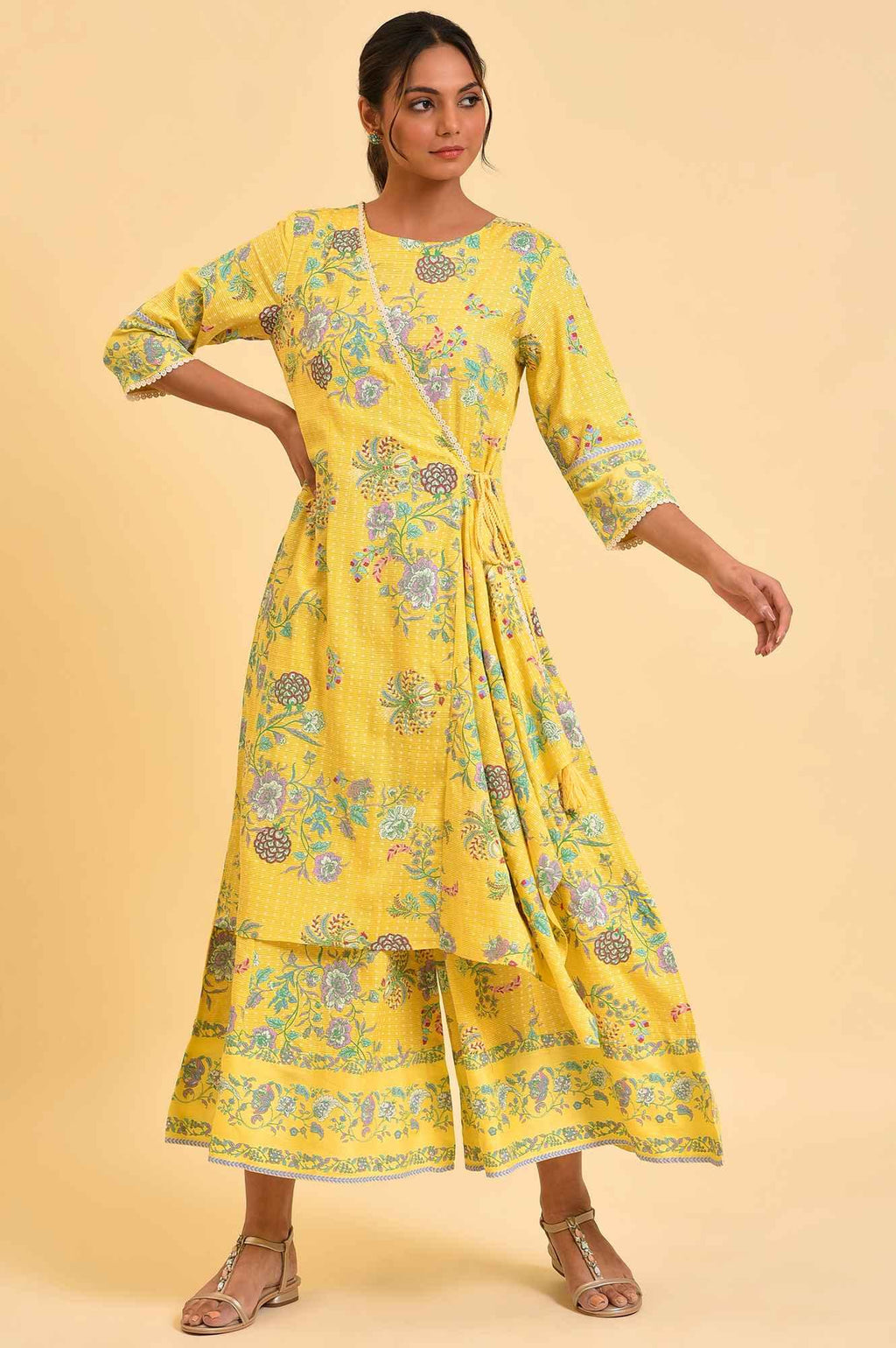 W for Woman Yellow Printed Angrakha Jumpsuit | Grocsy