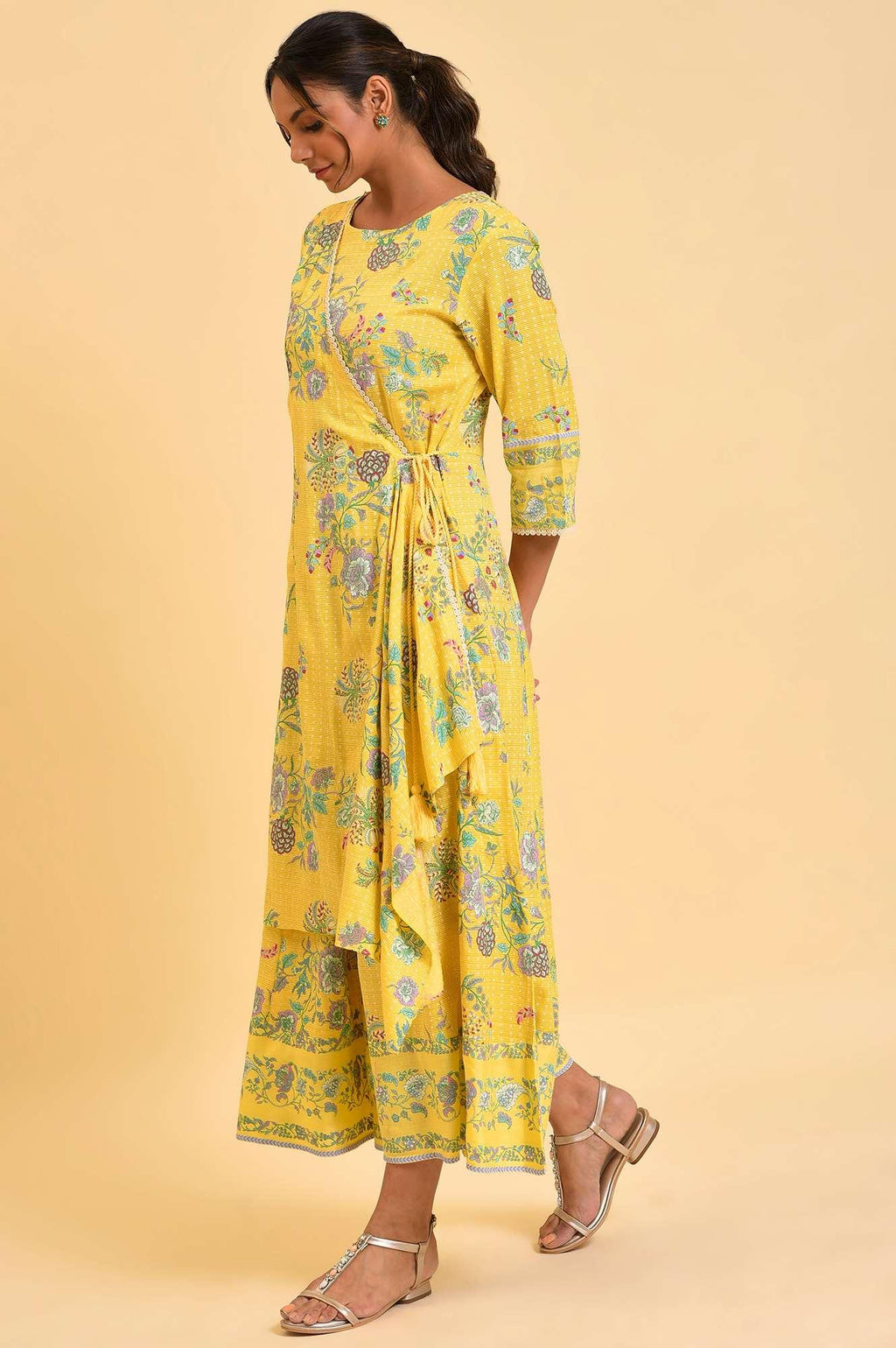 W for Woman Yellow Printed Angrakha Jumpsuit | Grocsy