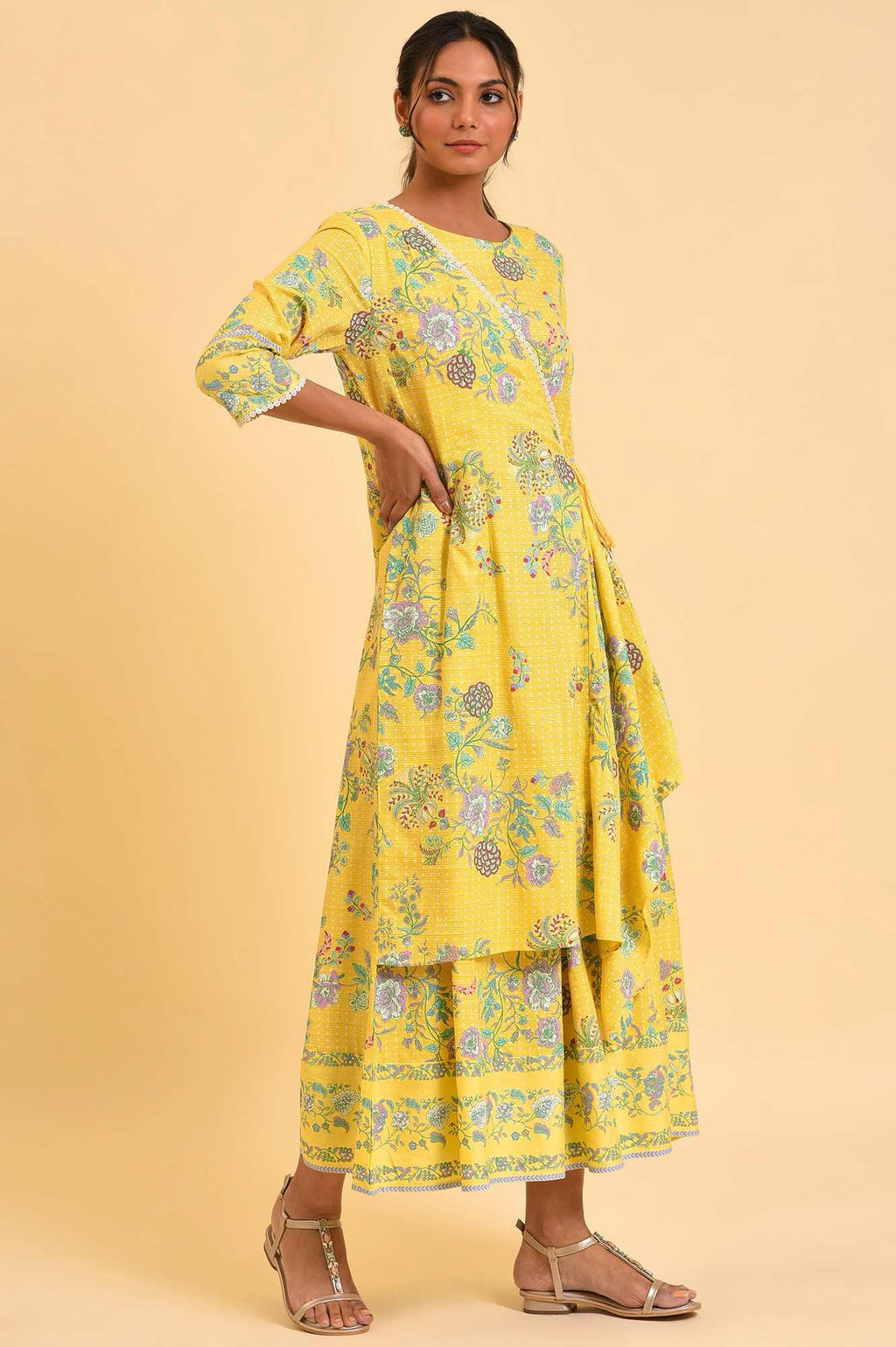 W for Woman Yellow Printed Angrakha Jumpsuit | Grocsy