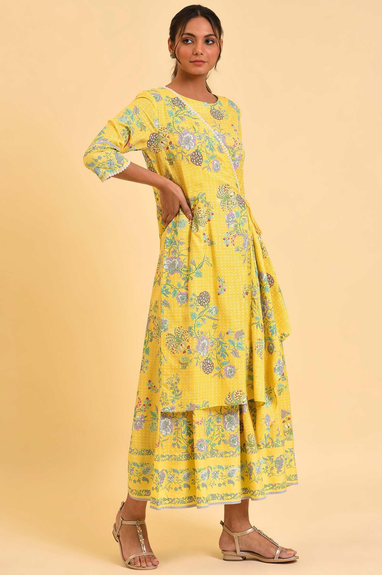 W for Woman Yellow Printed Angrakha Jumpsuit | Grocsy
