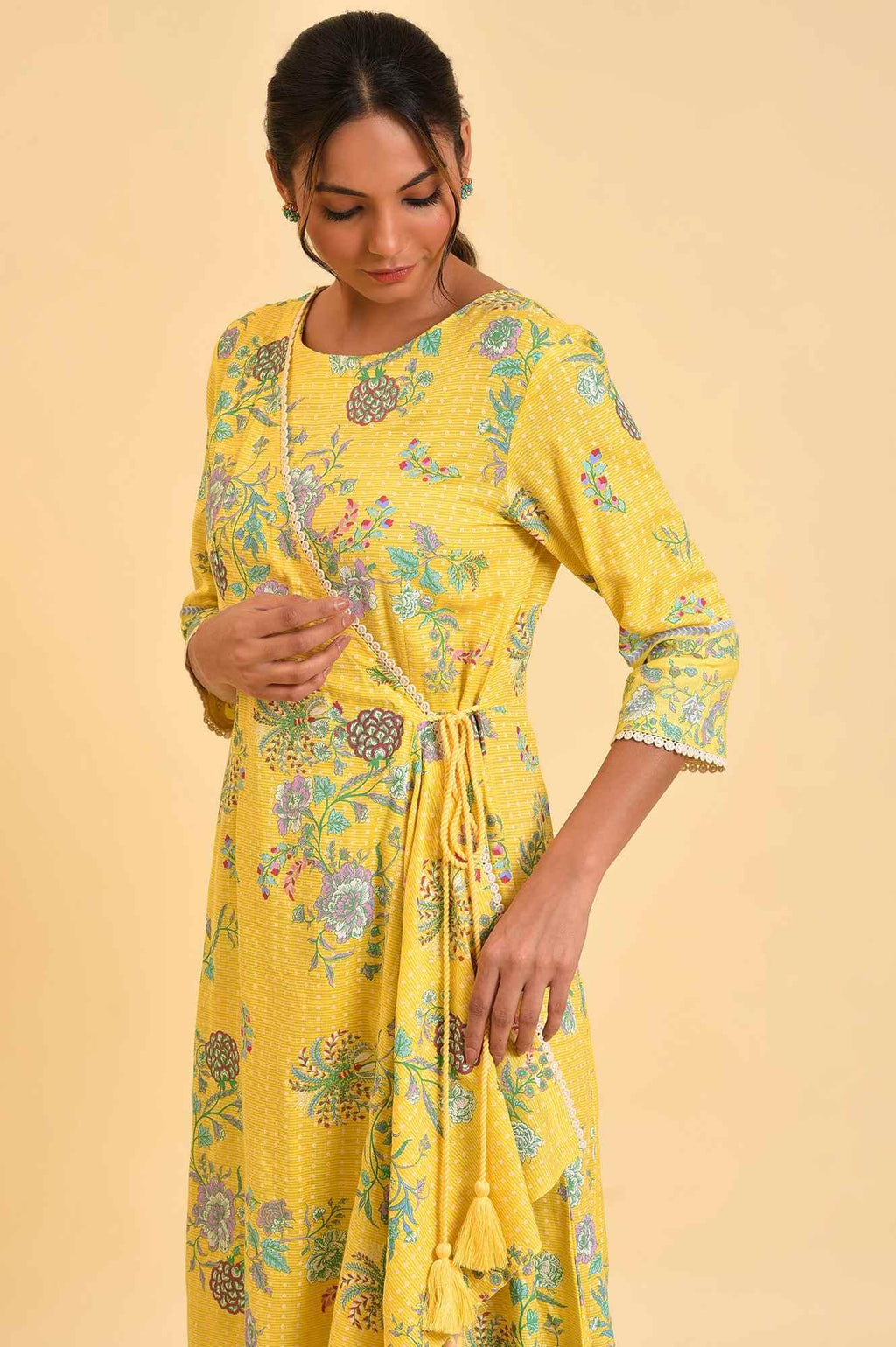 W for Woman Yellow Printed Angrakha Jumpsuit | Grocsy