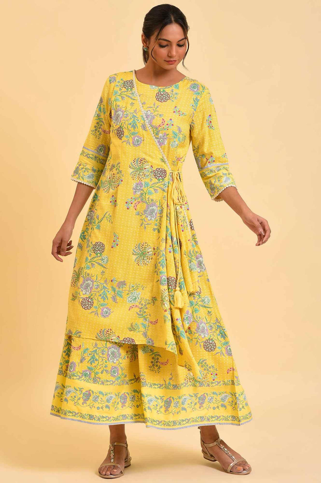 W for Woman Yellow Printed Angrakha Jumpsuit | Grocsy