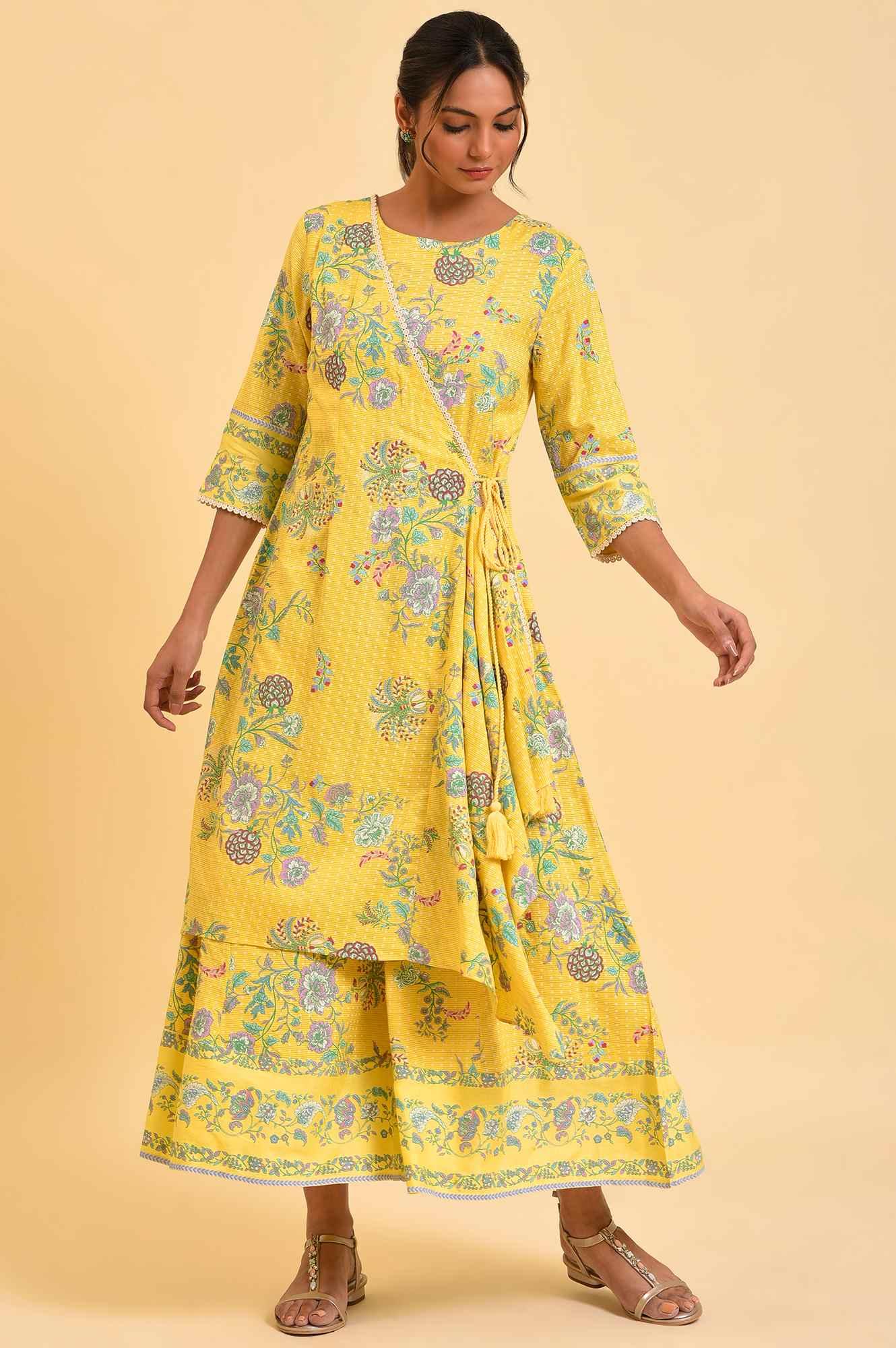 W for Woman Yellow Printed Angrakha Jumpsuit | Grocsy