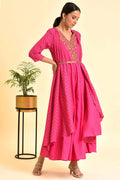 W for Woman Pink Printed Draped Jumpsuit With Embroidered Belt | Grocsy