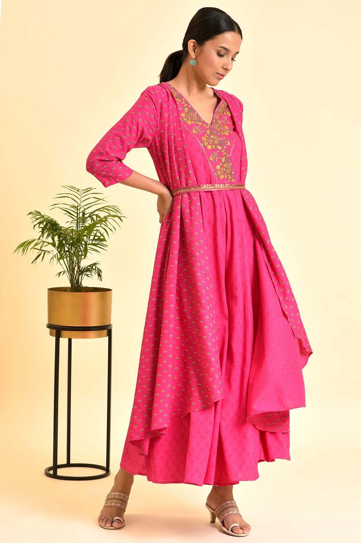 W for Woman Pink Printed Draped Jumpsuit With Embroidered Belt | Grocsy