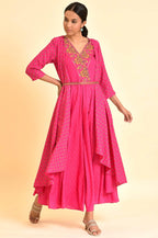 W for Woman Pink Printed Draped Jumpsuit With Embroidered Belt | Grocsy