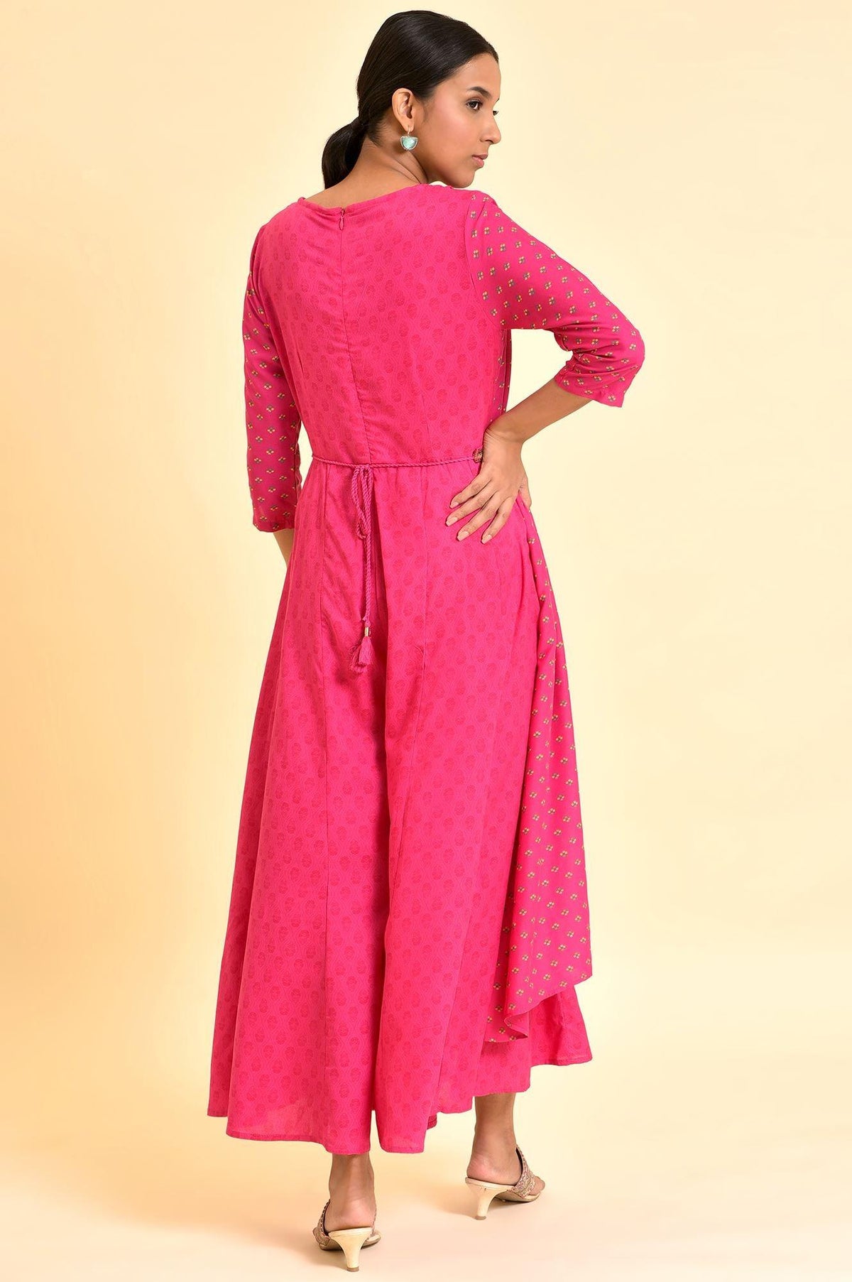 W for Woman Pink Printed Draped Jumpsuit With Embroidered Belt | Grocsy