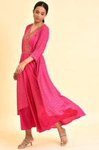 W for Woman Pink Printed Draped Jumpsuit With Embroidered Belt | Grocsy