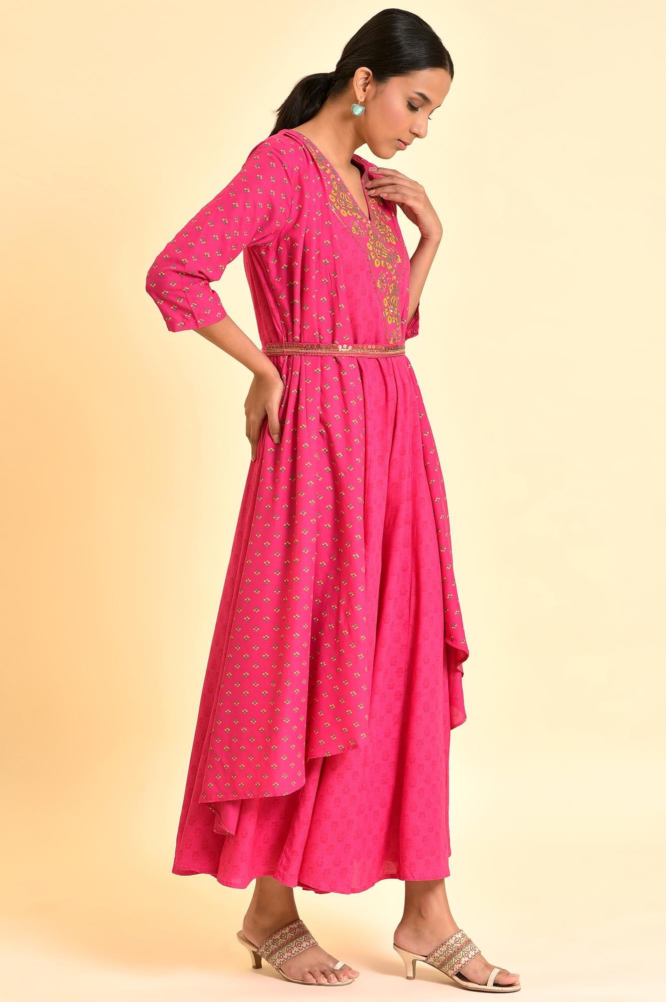 W for Woman Pink Printed Draped Jumpsuit With Embroidered Belt | Grocsy