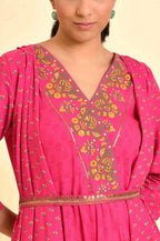 W for Woman Pink Printed Draped Jumpsuit With Embroidered Belt | Grocsy