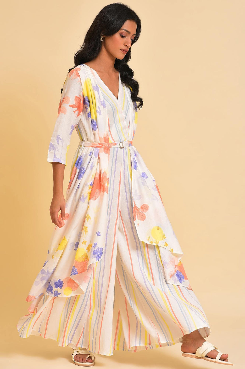 W for Woman Ecru Print Mix Jumpsuit | Grocsy