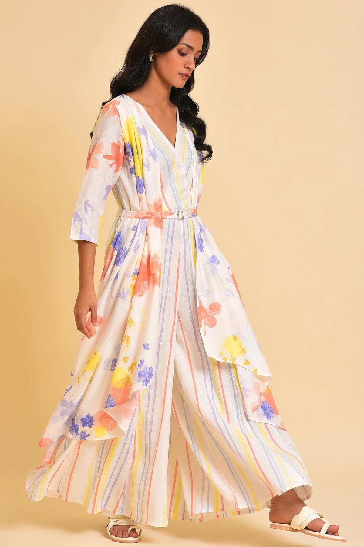 W for Woman Ecru Print Mix Jumpsuit | Grocsy