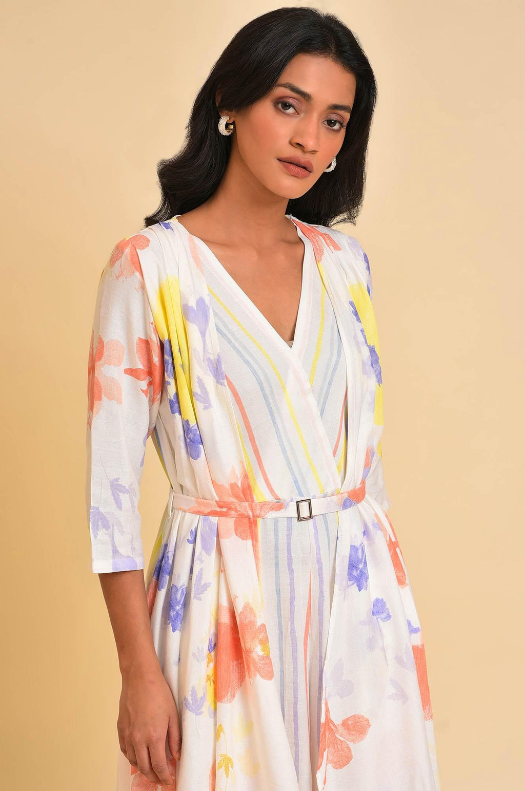 W for Woman Ecru Print Mix Jumpsuit | Grocsy