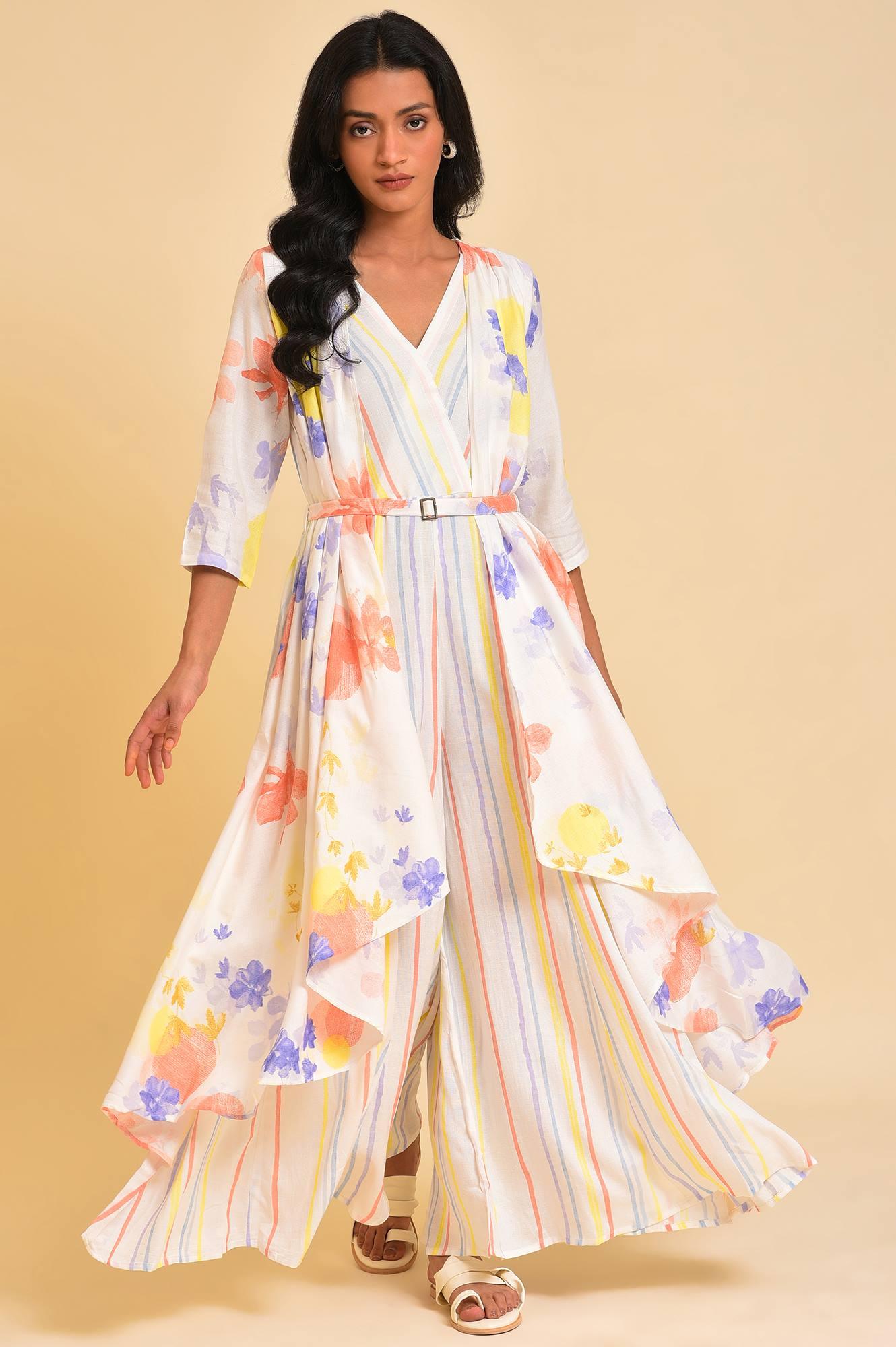 W for Woman Ecru Print Mix Jumpsuit | Grocsy
