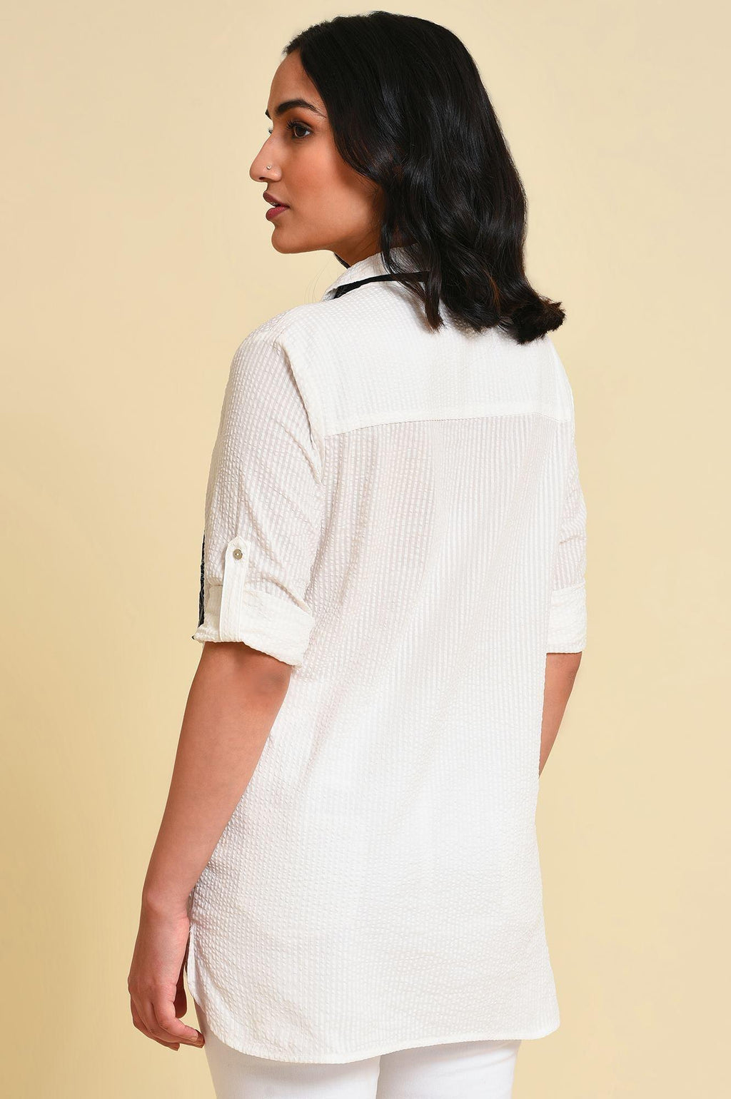W for Woman White Seer Sucket Top With Detachable Scarf | Grocsy