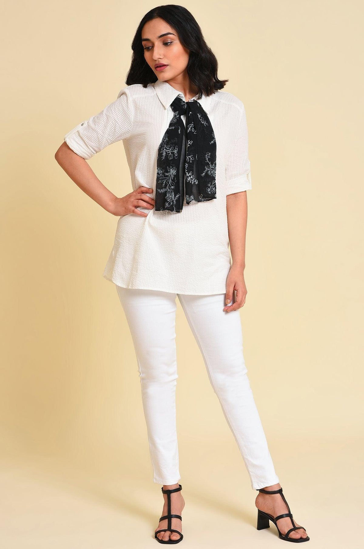 W for Woman White Seer Sucket Top With Detachable Scarf | Grocsy