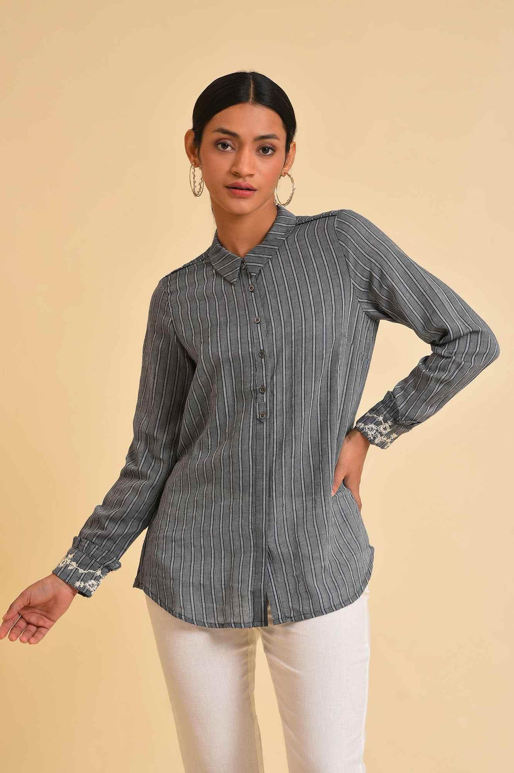 W for Woman Grey Yarn Dyed Stripe Shirt | Grocsy